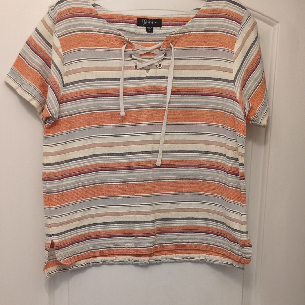 Striped Lace-Up Short Sleeve Tee
